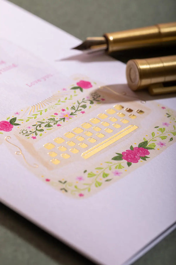 Love you mum typewriter Greeting card - Close-up on the hand-painted typewriter illustration and pink flowers.