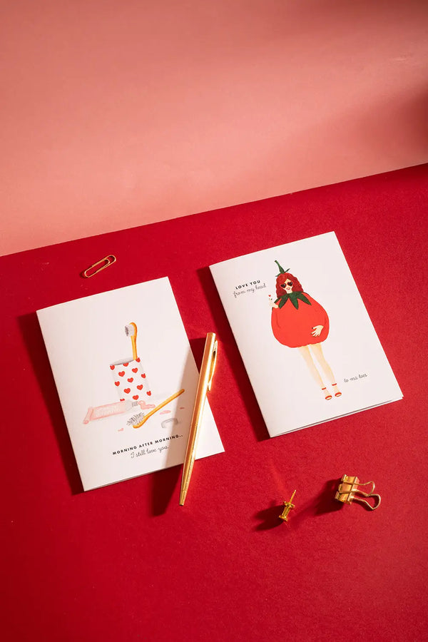 Morning after morning Greeting card - Lifestyle composition featuring a toothbrush illustration on a vibrant red background.