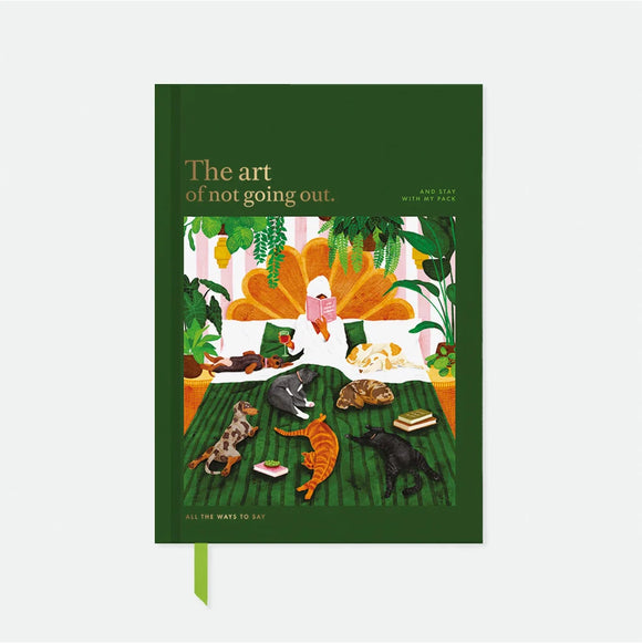 A5 Hardcover notebook with a dark green cover featuring a hand-painted illustration of a woman in bed with dogs, cats, and plants by All the Ways to Say.