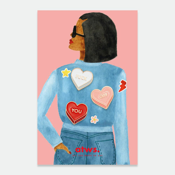Fuck You Off Pin Set – enamel retro pins shaped like hearts with cheeky words and gold plating, by All the Ways to Say.