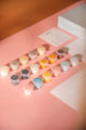 17 numbered acrylic paint pots in soft pink, blue, orange and grey from the Life Without Humans paint by numbers kit