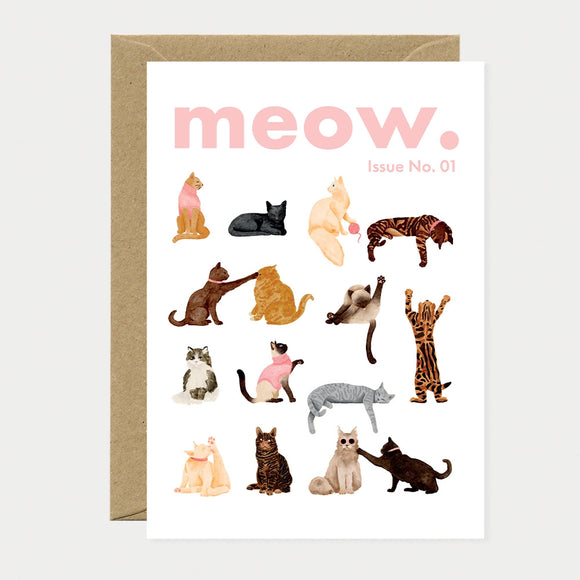 Illustrated greeting card designed as a magazine cover reading "meow. Issue No. 01," featuring fourteen cats of different breeds and poses arranged in a grid