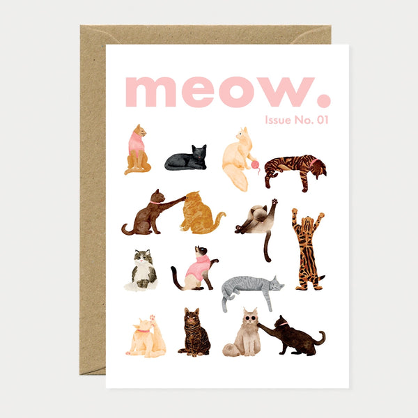 Illustrated greeting card designed as a magazine cover reading "meow. Issue No. 01," featuring fourteen cats of different breeds and poses arranged in a grid