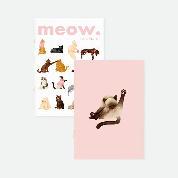 Meow. A6 pocket notebook duo covers by All The Ways To Say, one white notebook styled like a magazine cover with "meow. Issue No. 01" text and a grid of illustrated cats, the other featuring a single stretching Siamese cat on a pink background