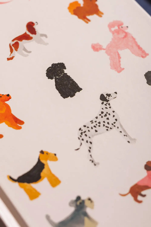 Dogue Hardcover Notebook A5 - Macro shot of the hand-painted dog breeds including a Dalmatian and Poodle.
