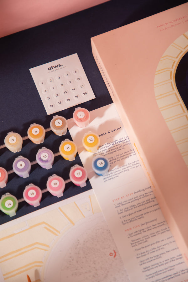 Numbered acrylic paint pots in pink, purple, yellow and green with the numbered sticker sheet of the Parisian Door kit