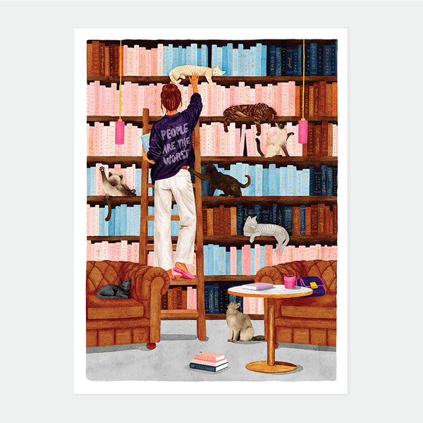 Illustrated poster of a woman on a library ladder reaching for a cat, her sweater reading "People are the worst," surrounded by floor-to-ceiling bookshelves with several cats lounging among the books and armchairs, People Are The Worst poster by All The Ways To Say