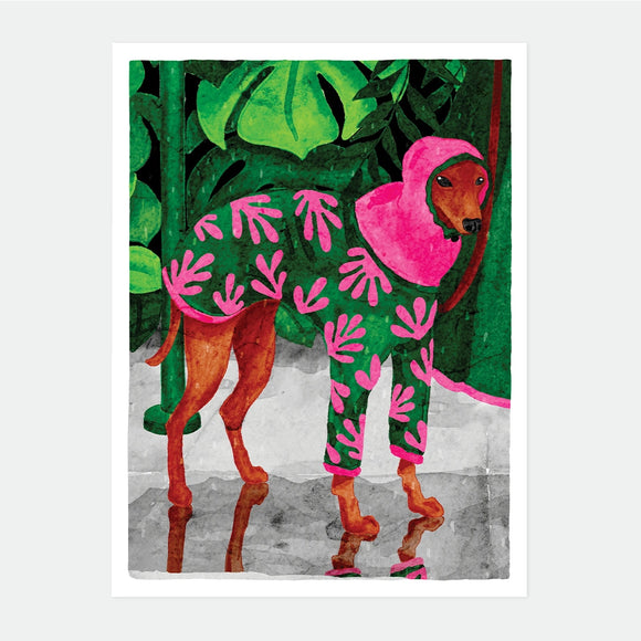 Illustrated poster of a dachshund wearing a pink and green leaf-patterned rain suit with hood, standing under oversized jungle leaves