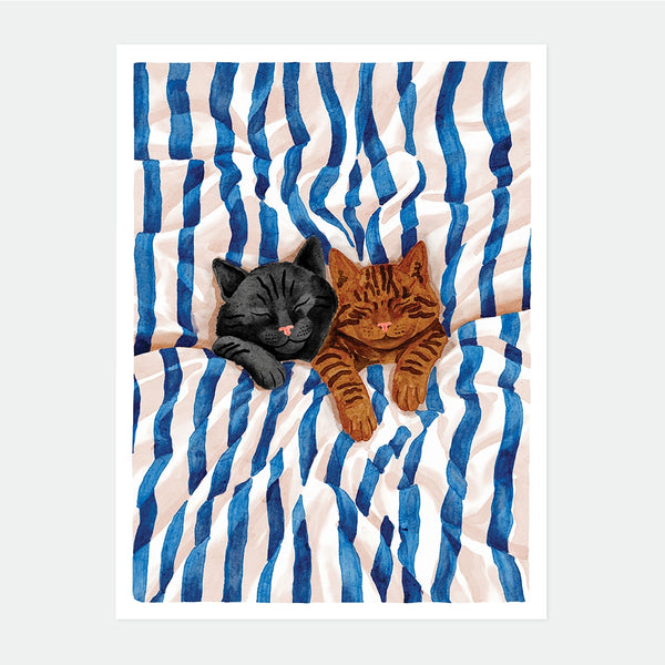 Illustrated poster of a black cat and a tabby cat sleeping together on blue and white striped sheets