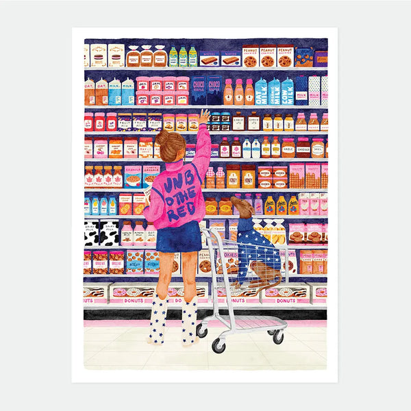 Illustrated poster of a girl reaching for a jar on a grocery store shelf with her dog waiting in the cart, shelves stocked with jams, milk and cookies, "UNB THE RED" text on her jacket, Sugar Market poster by All The Ways To Say