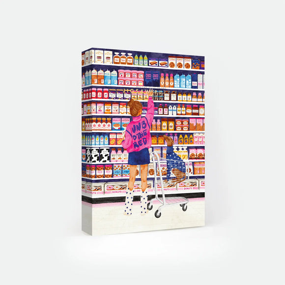 Sugar Market 1000-piece jigsaw puzzle box by All The Ways To Say, illustration of a girl reaching for jam on a colorful grocery store shelf with her dog in the shopping cart, text reads "Jigsaw Puzzle".