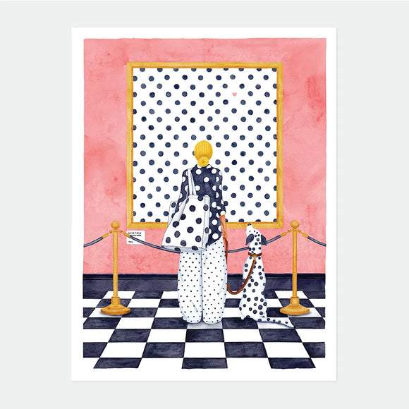 Illustrated poster of a woman and her Dalmatian in matching polka dot patterns standing behind a velvet rope, looking at a polka dot painting on a gallery wall, checkered floor, The Missing Dot poster by All The Ways To Say