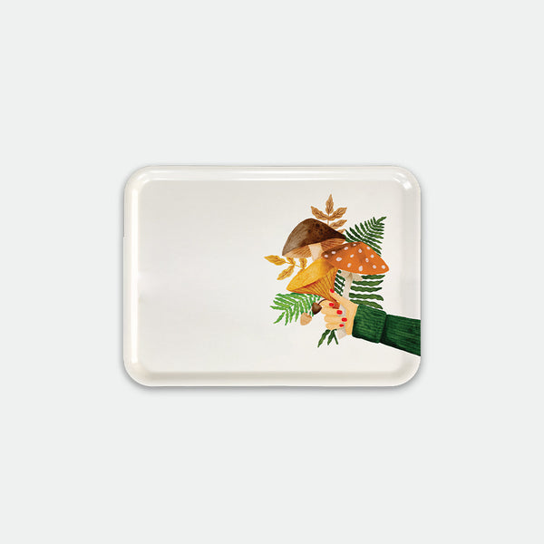 Rectangular breakfast tray with illustration of a hand holding a bouquet of mushrooms and green ferns, Fall/Winter Bouquet by All the Ways to Say