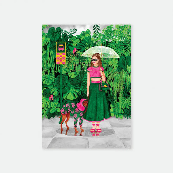 Wet Season A5 notebook cover by All The Ways To Say, illustration of a woman holding a clear umbrella at a bus stop with her dog in a matching raincoat, surrounded by dense tropical foliage