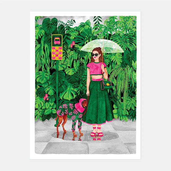 Illustrated poster of a woman holding a clear umbrella at a bus stop with her dog in a matching raincoat, surrounded by dense tropical foliage, Wet Season poster by All The Ways To Say